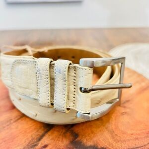 Mezlan Cream Ostrich  Leather Belt with Silver Buckle